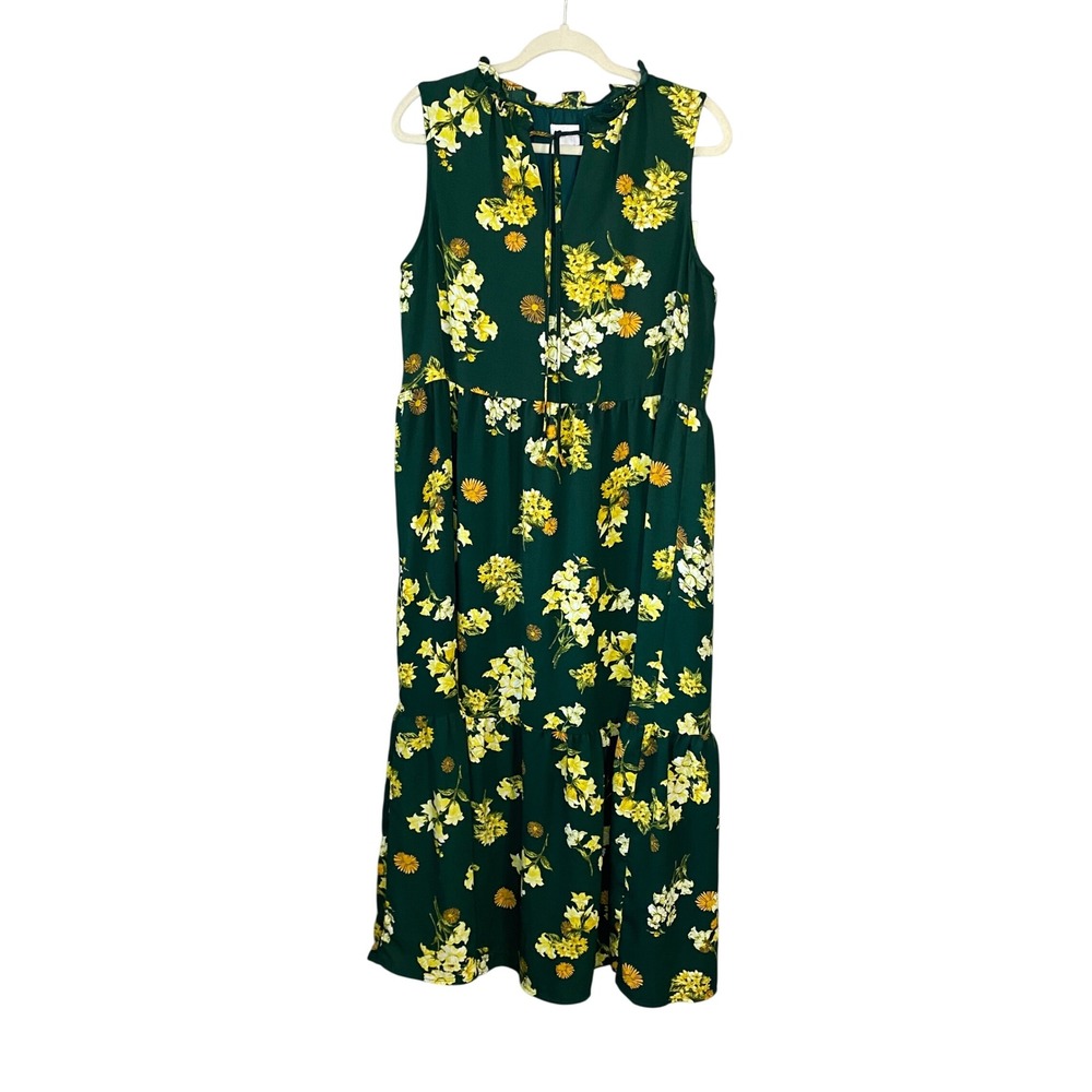 Sugarlips Green Floral Tiered Sleeveless Midi Dress D6020B Yellow Flowers Sz M